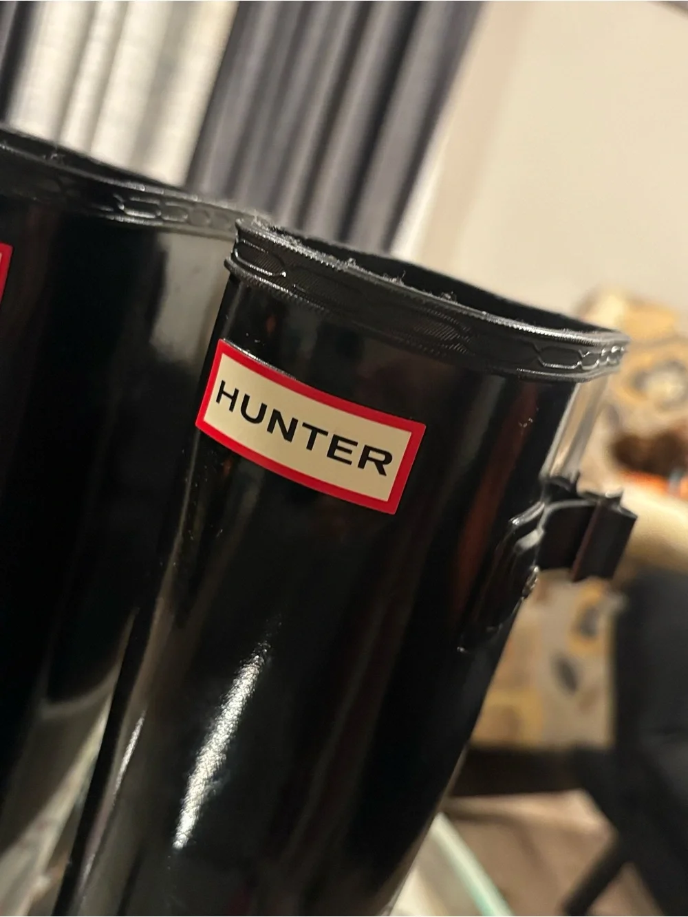 Hunter Black Gloss Tall Rain Boots with Red Logo